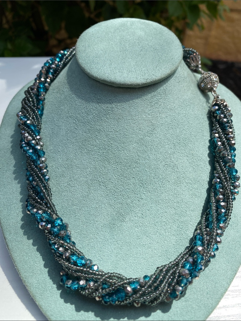 Teal Silver Toned Crystal Multi-Strand Glass Beaded Twist Statement Necklace